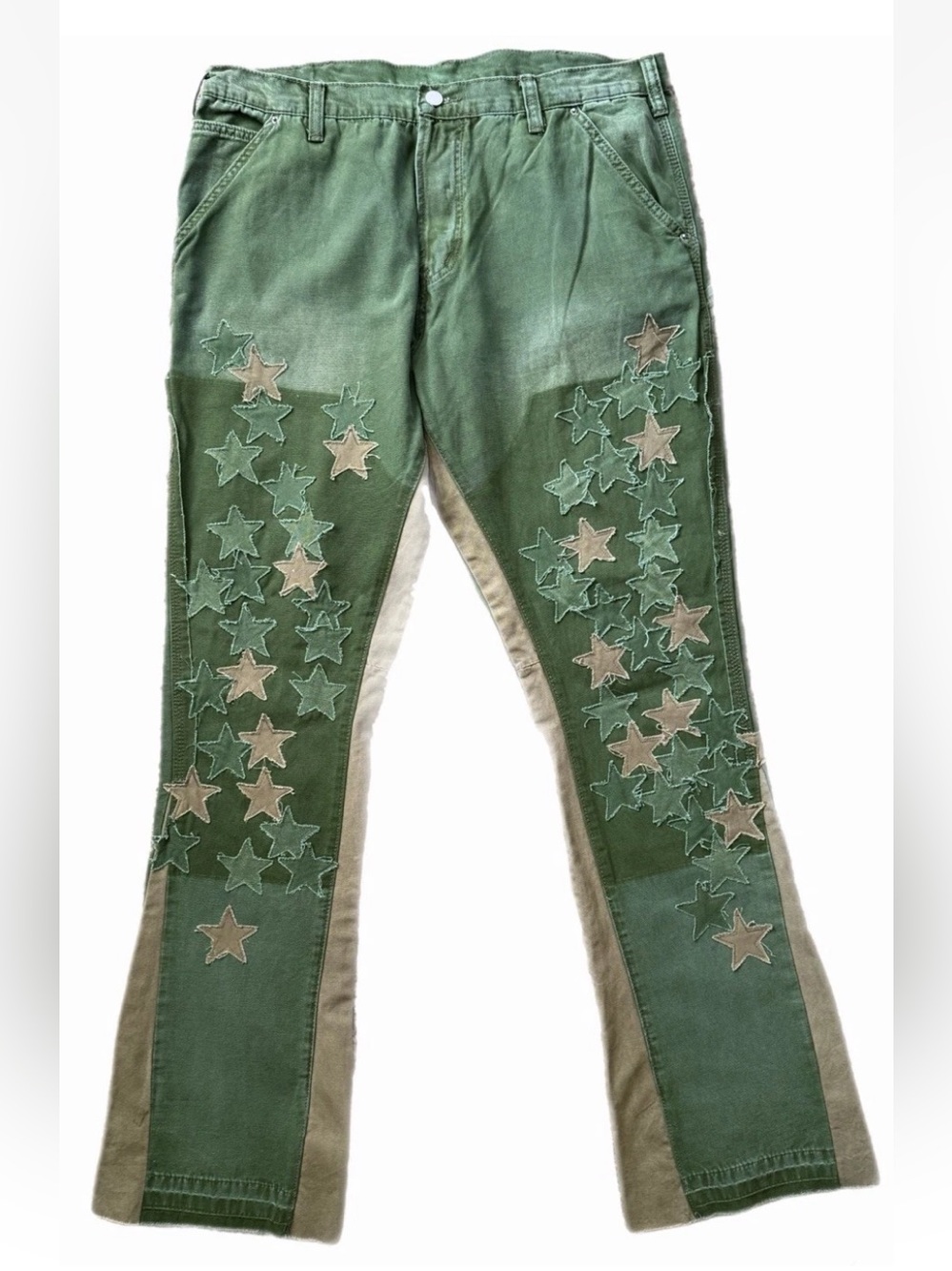 MNML Green Stars Cotton Denim Button Fly Jeans Bootleg Men’s